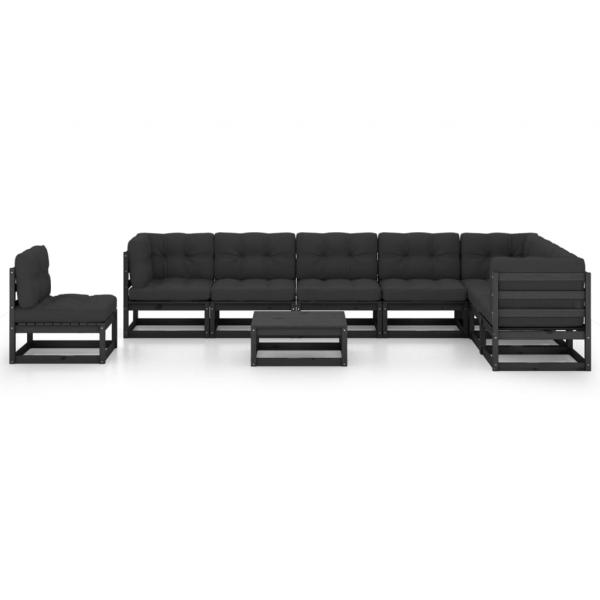 9-tlg. Garten-Lounge-Set mit Kissen Schwarz Massivholz Kiefer