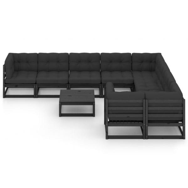 10-tlg. Garten-Lounge-Set mit Kissen Schwarz Massivholz Kiefer