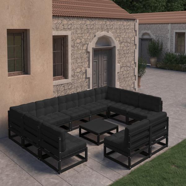 ARDEBO.de - 10-tlg. Garten-Lounge-Set mit Kissen Schwarz Massivholz Kiefer