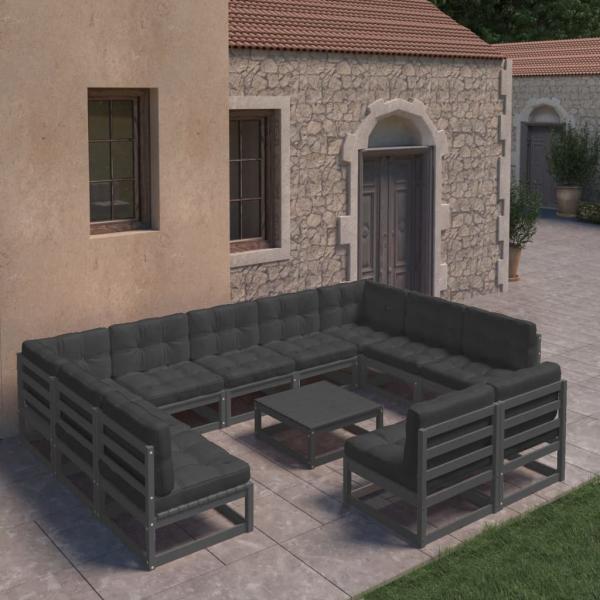 ARDEBO.de - 12-tlg. Garten-Lounge-Set mit Kissen Schwarz Massivholz Kiefer