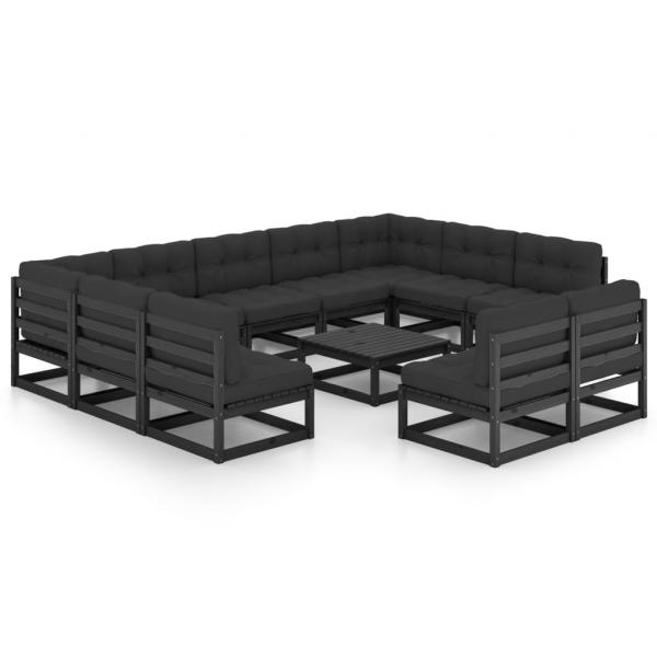 12-tlg. Garten-Lounge-Set mit Kissen Schwarz Massivholz Kiefer