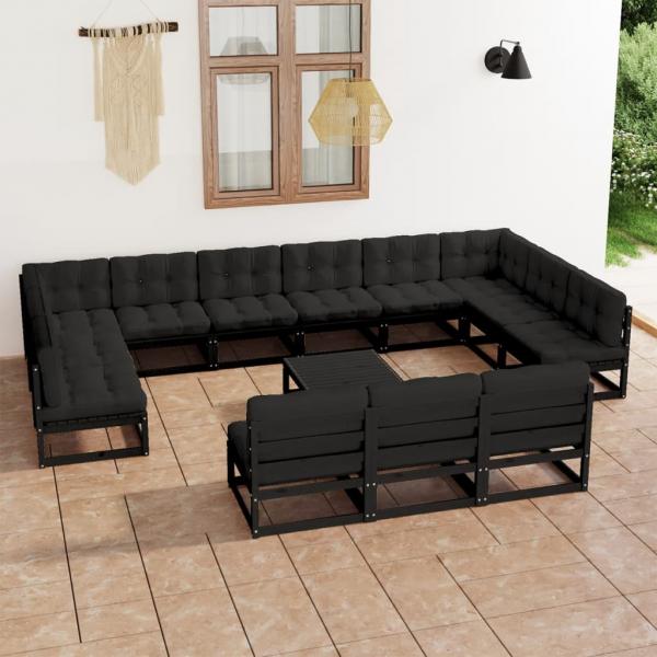 ARDEBO.de - 14-tlg. Garten-Lounge-Set mit Kissen Schwarz Massivholz Kiefer