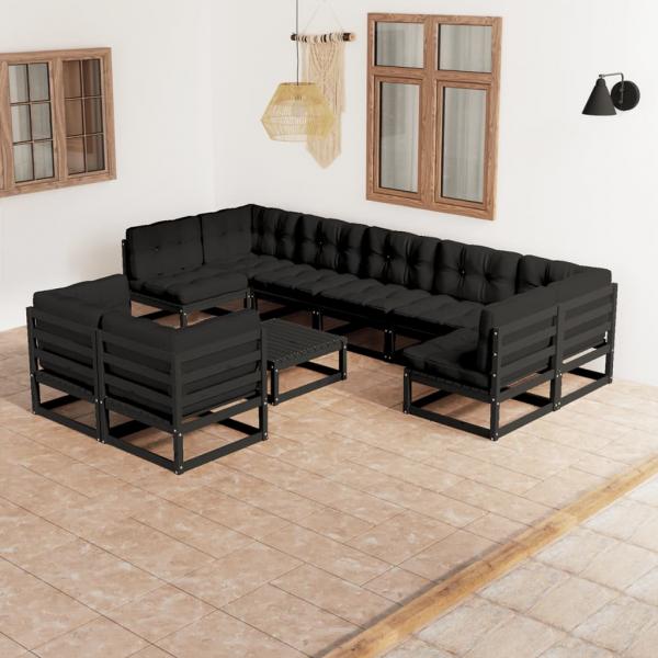 ARDEBO.de - 10-tlg. Garten-Lounge-Set mit Kissen Schwarz Massivholz Kiefer