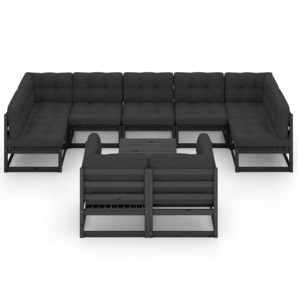 10-tlg. Garten-Lounge-Set mit Kissen Schwarz Massivholz Kiefer