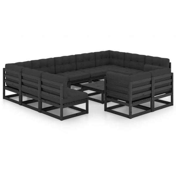 12-tlg. Garten-Lounge-Set mit Kissen Schwarz Massivholz Kiefer