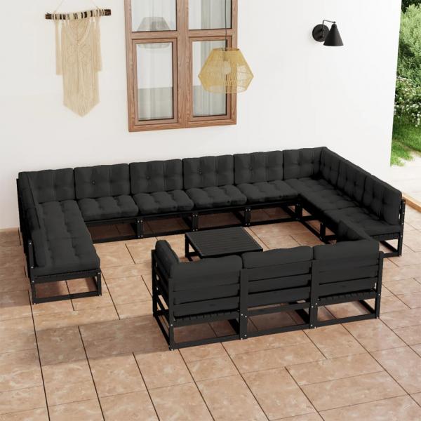 ARDEBO.de - 14-tlg. Garten-Lounge-Set mit Kissen Schwarz Massivholz Kiefer