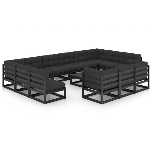 14-tlg. Garten-Lounge-Set mit Kissen Schwarz Massivholz Kiefer