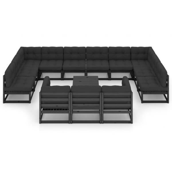 14-tlg. Garten-Lounge-Set mit Kissen Schwarz Massivholz Kiefer