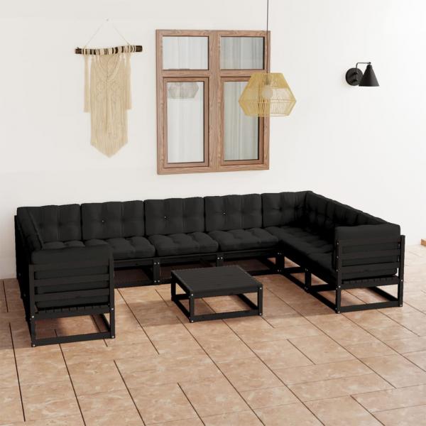 ARDEBO.de - 10-tlg. Garten-Lounge-Set mit Kissen Schwarz Massivholz Kiefer