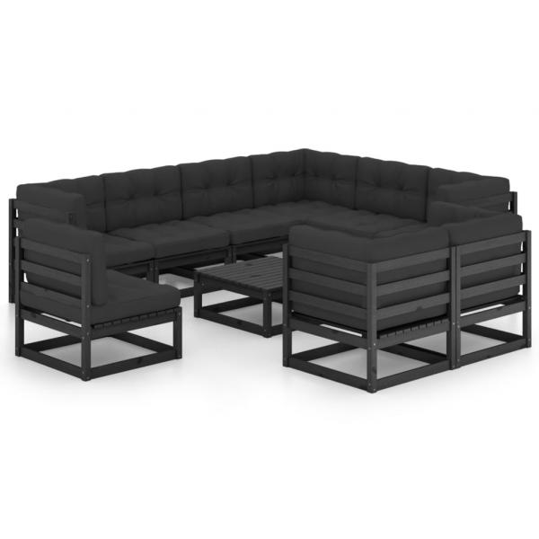 ARDEBO.de - 10-tlg. Garten-Lounge-Set mit Kissen Schwarz Massivholz Kiefer