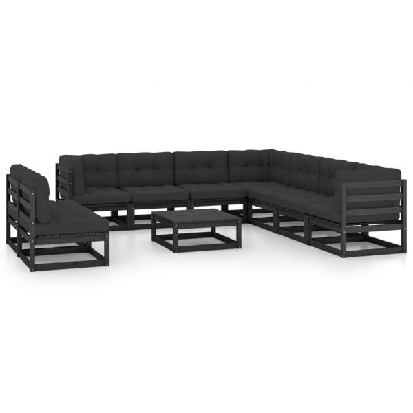 ARDEBO.de - 10-tlg. Garten-Lounge-Set mit Kissen Schwarz Massivholz Kiefer