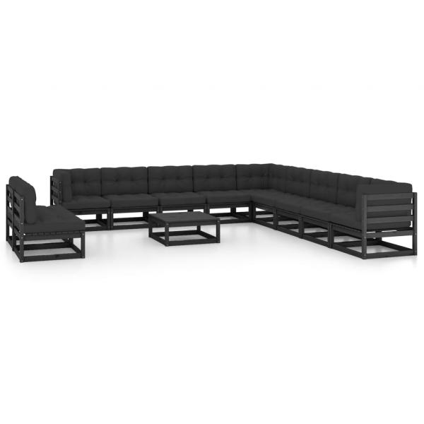 ARDEBO.de - 12-tlg. Garten-Lounge-Set mit Kissen Schwarz Massivholz Kiefer