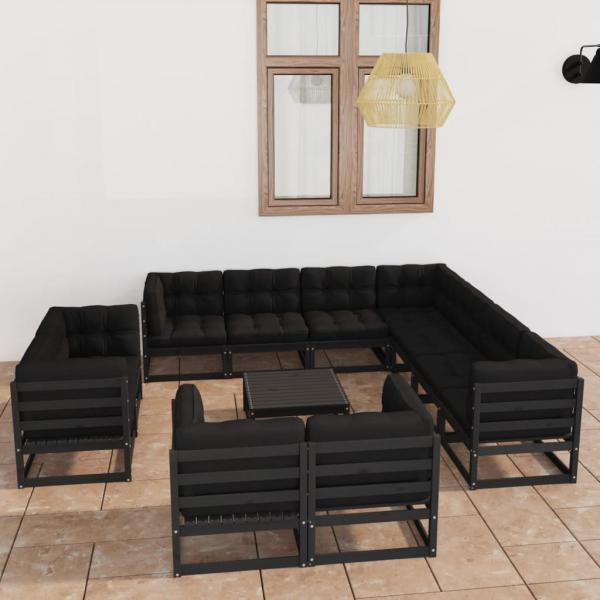 ARDEBO.de - 12-tlg. Garten-Lounge-Set mit Kissen Schwarz Massivholz Kiefer