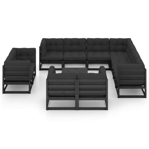 12-tlg. Garten-Lounge-Set mit Kissen Schwarz Massivholz Kiefer