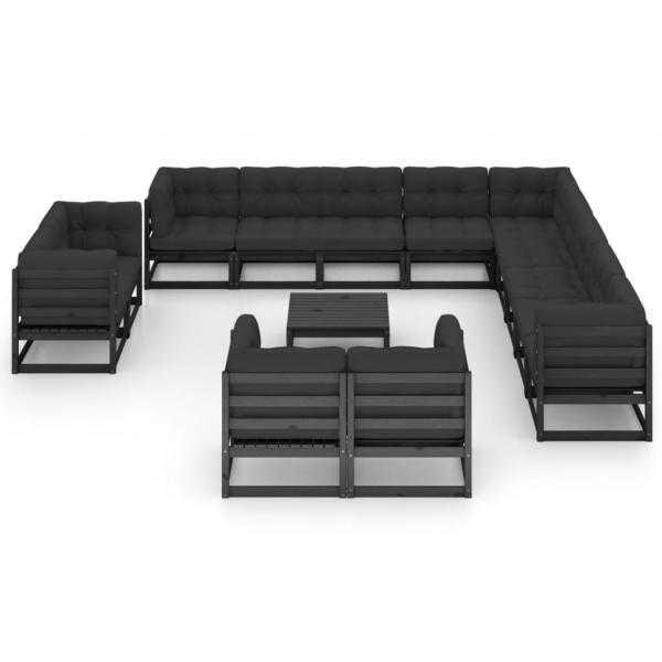 14-tlg. Garten-Lounge-Set mit Kissen Schwarz Massivholz Kiefer