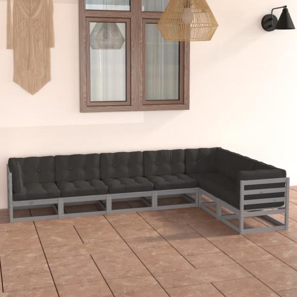 ARDEBO.de - 7-tlg. Garten-Lounge-Set mit Kissen Grau Massivholz Kiefer