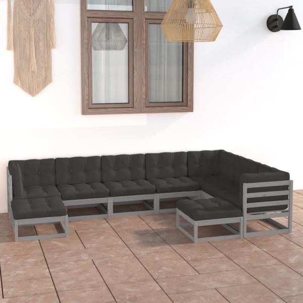 ARDEBO.de - 9-tlg. Garten-Lounge-Set mit Kissen Grau Massivholz Kiefer