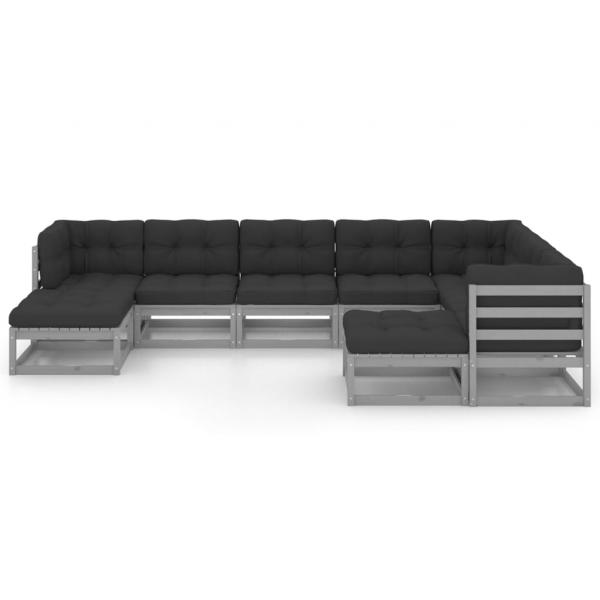 9-tlg. Garten-Lounge-Set mit Kissen Grau Massivholz Kiefer