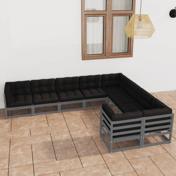 ARDEBO.de - 9-tlg. Garten-Lounge-Set mit Kissen Grau Massivholz Kiefer