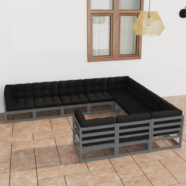 ARDEBO.de - 10-tlg. Garten-Lounge-Set mit Kissen Grau Massivholz Kiefer