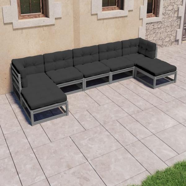 ARDEBO.de - 7-tlg. Garten-Lounge-Set mit Kissen Grau Massivholz Kiefer