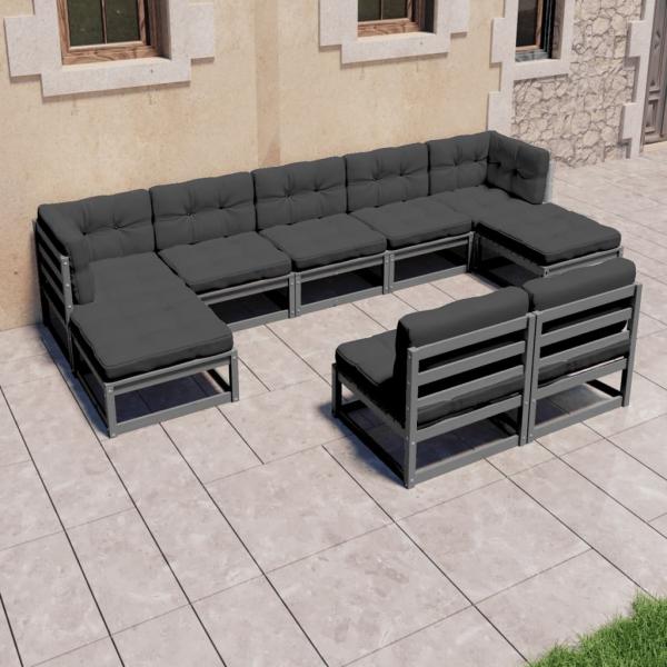 ARDEBO.de - 9-tlg. Garten-Lounge-Set mit Kissen Grau Massivholz Kiefer