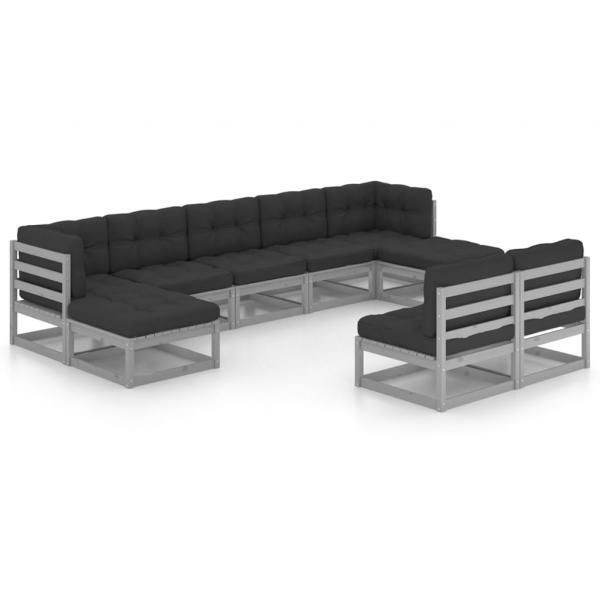 9-tlg. Garten-Lounge-Set mit Kissen Grau Massivholz Kiefer