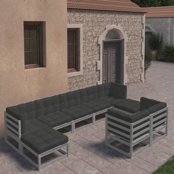 ARDEBO.de - 9-tlg. Garten-Lounge-Set mit Kissen Grau Massivholz Kiefer