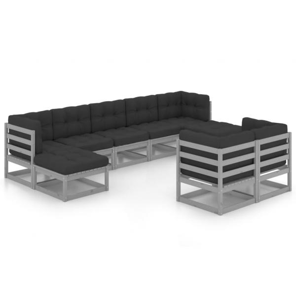 9-tlg. Garten-Lounge-Set mit Kissen Grau Massivholz Kiefer