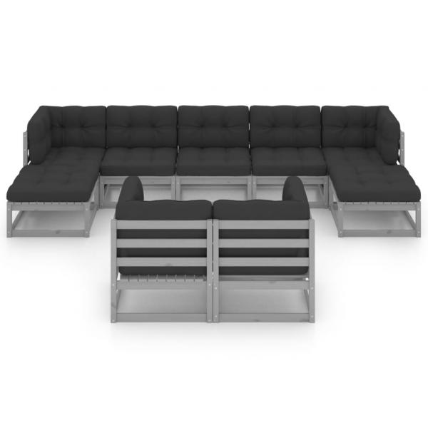 9-tlg. Garten-Lounge-Set mit Kissen Grau Massivholz Kiefer