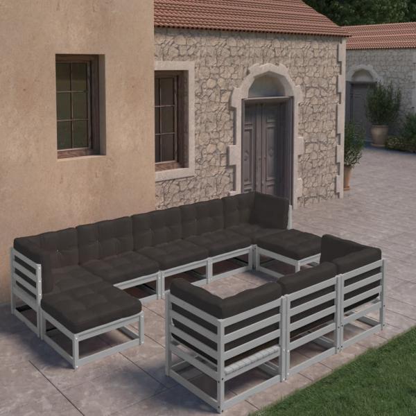 ARDEBO.de - 10-tlg. Garten-Lounge-Set mit Kissen Grau Massivholz Kiefer