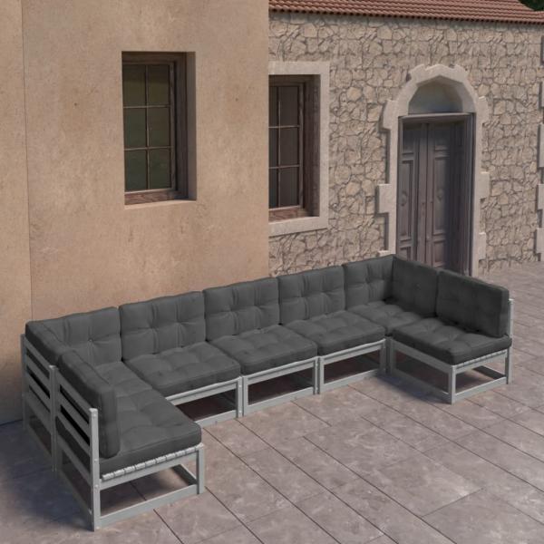 ARDEBO.de - 7-tlg. Garten-Lounge-Set mit Kissen Grau Massivholz Kiefer