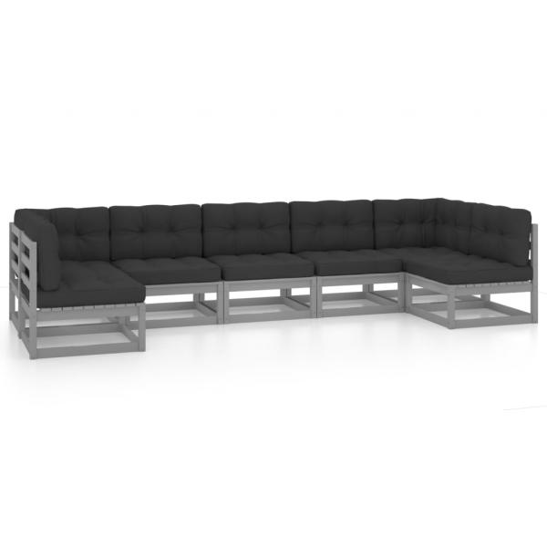 7-tlg. Garten-Lounge-Set mit Kissen Grau Massivholz Kiefer