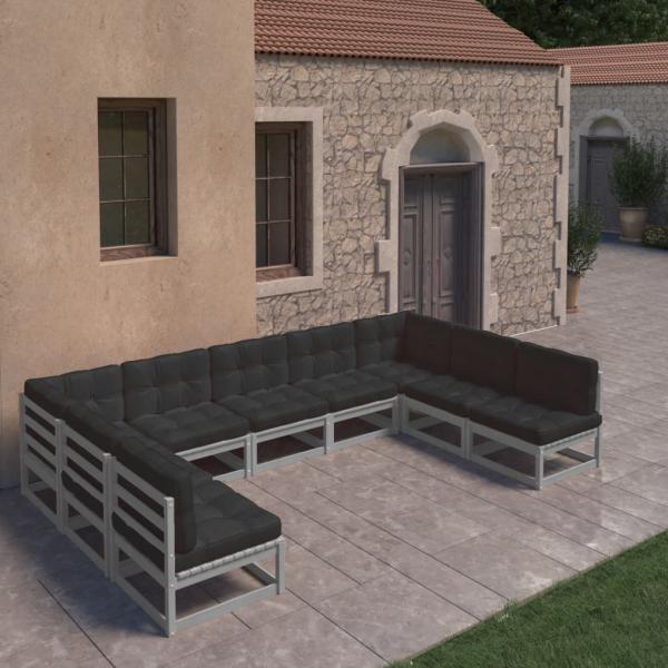 ARDEBO.de - 9-tlg. Garten-Lounge-Set mit Kissen Grau Massivholz Kiefer