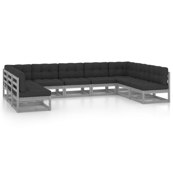 9-tlg. Garten-Lounge-Set mit Kissen Grau Massivholz Kiefer