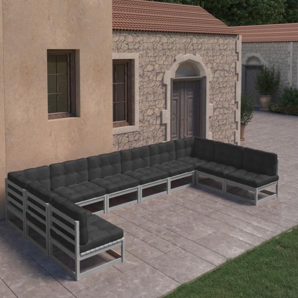 ARDEBO.de - 10-tlg. Garten-Lounge-Set mit Kissen Grau Massivholz Kiefer