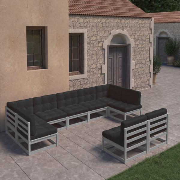 ARDEBO.de - 9-tlg. Garten-Lounge-Set mit Kissen Grau Massivholz Kiefer