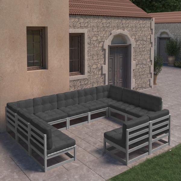 ARDEBO.de - 11-tlg. Garten-Lounge-Set mit Kissen Grau Kiefer Massivholz