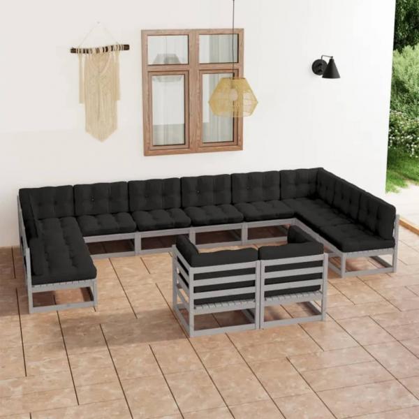 ARDEBO.de - 12-tlg. Garten-Lounge-Set mit Kissen Grau Massivholz Kiefer