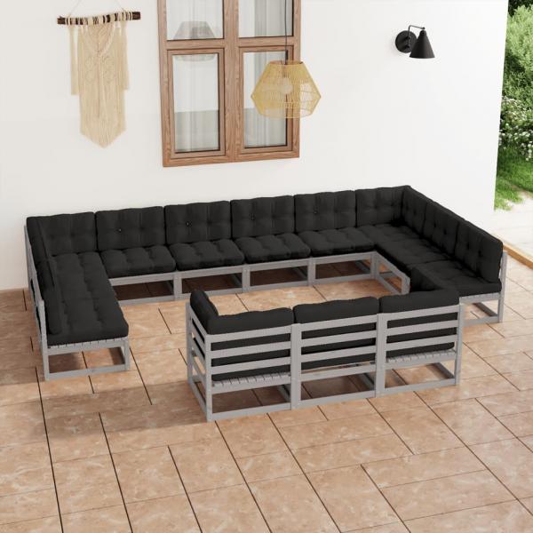 ARDEBO.de - 13-tlg. Garten-Lounge-Set mit Kissen Grau Massivholz Kiefer