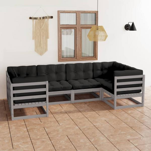 ARDEBO.de - 6-tlg. Garten-Lounge-Set mit Kissen Grau Massivholz Kiefer