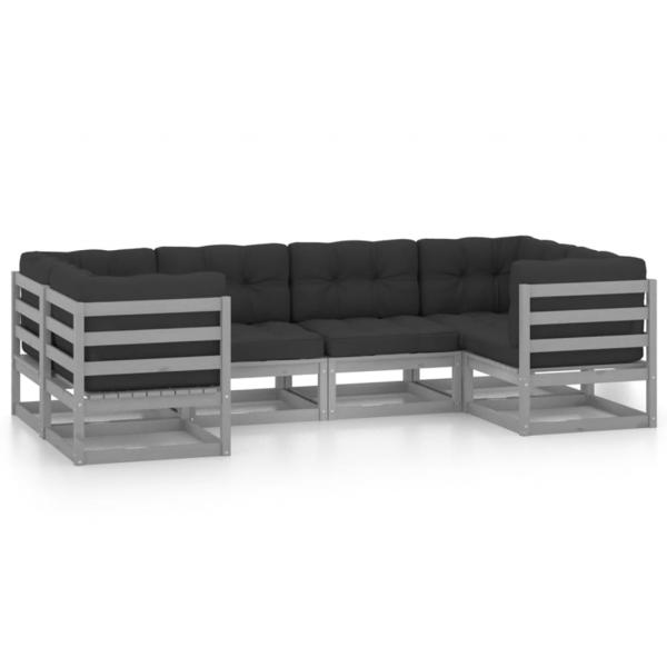 6-tlg. Garten-Lounge-Set mit Kissen Grau Massivholz Kiefer