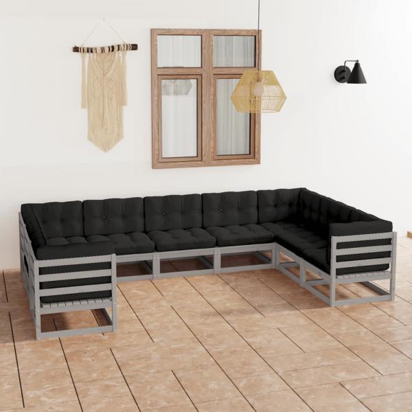 ARDEBO.de - 9-tlg. Garten-Lounge-Set mit Kissen Grau Massivholz Kiefer