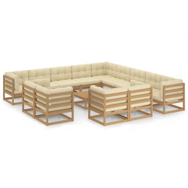 14-tlg. Garten-Lounge-Set mit Kissen Honigbraun Massivholz