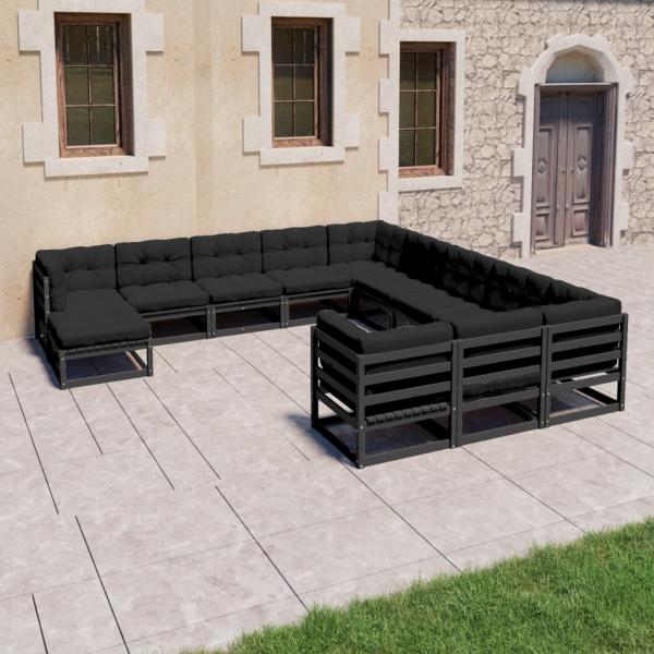 ARDEBO.de - 12-tlg. Garten-Lounge-Set mit Kissen Schwarz Massivholz Kiefer