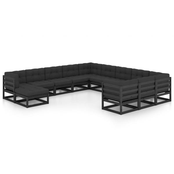 12-tlg. Garten-Lounge-Set mit Kissen Schwarz Massivholz Kiefer