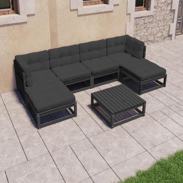 ARDEBO.de - 7-tlg. Garten-Lounge-Set mit Kissen Schwarz Massivholz Kiefer