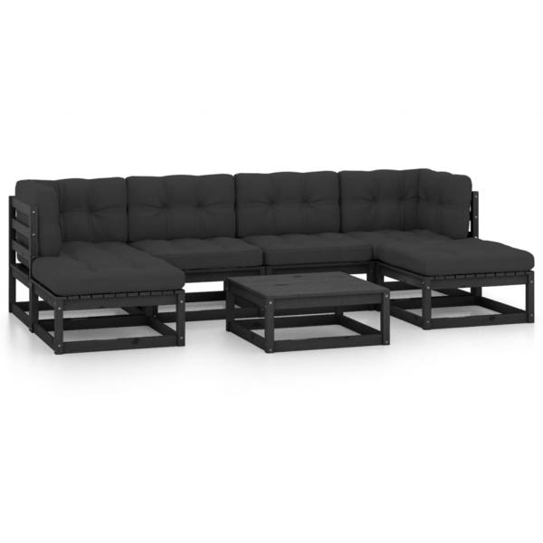 7-tlg. Garten-Lounge-Set mit Kissen Schwarz Massivholz Kiefer