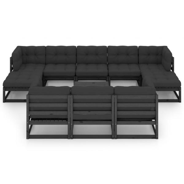 11-tlg. Garten-Lounge-Set mit Kissen Schwarz Kiefer Massivholz