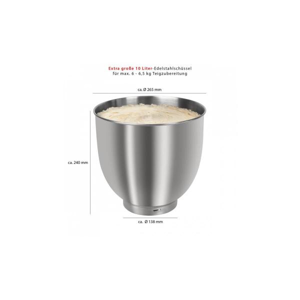 Clatronic KM 3765 Knetmaschine, 1500W, 8 Geschwindigkeitsstufen, 10 Liter-Edelstahlschüssel, Sicherheitsschaltung, Titan